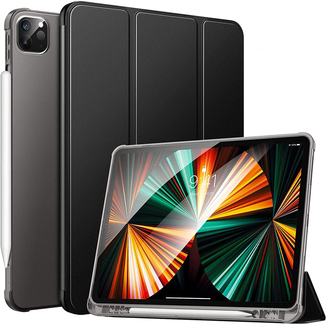 ProElite Smart Flip Case Cover for Apple iPad Pro 12.9 inch 5th Gen 2021, Transparent Soft Back with Pencil Holder, Black