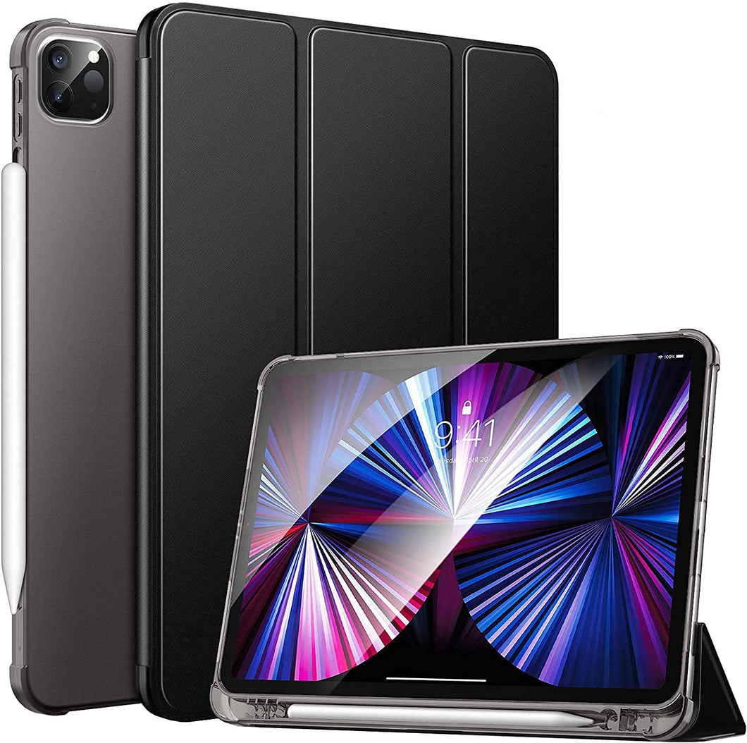 ProElite Smart Flip Case Cover for Apple iPad Pro 11 inch 4th/3rd Gen 2022/2021, Transparent Soft Back with Pencil Holder [Black]